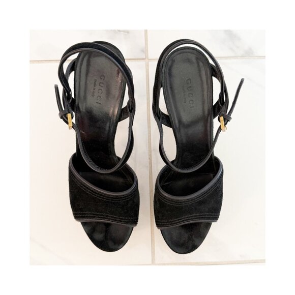 GUCCI DANIELLE BLACK SUEDE PLATFORM HEELS SANDALS 37.5 US 8.5 - Picture 3 of 12
